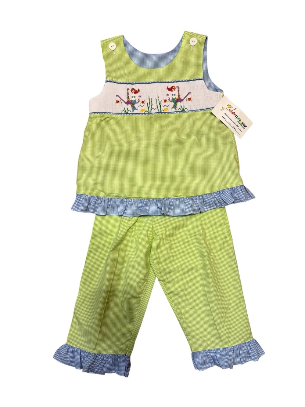 Wish Upon a Star Smocked Mermaid Gingham Top & Capri Pants Set Size 6X NWT